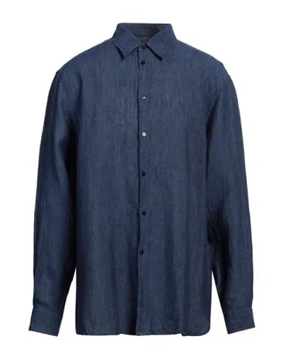 Trussardi Jeans Man Shirt Navy Blue Size 17 Linen