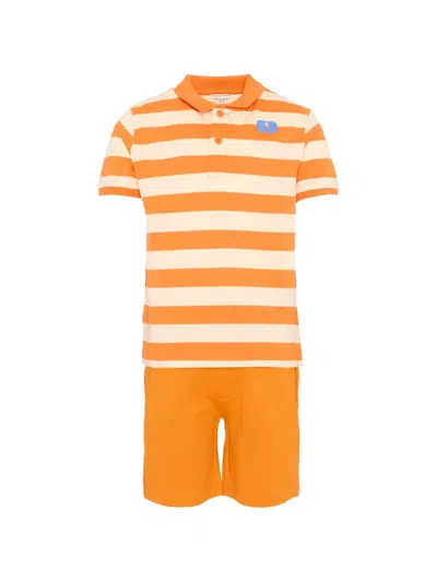 Trussardi Junior Kids' Striped Polo-shirt And Shorts Set In Orange