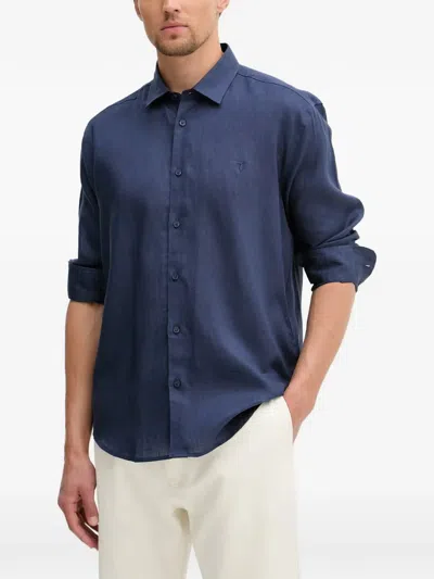 Trussardi Logo-embroidered Linen Shirt In Blue