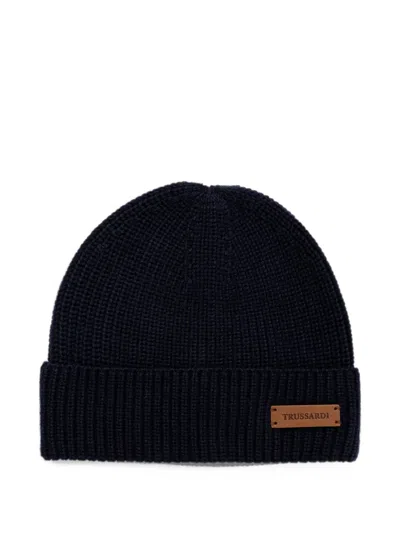 Trussardi Logo-patch Ribbed-knit Beanie Hat In Black