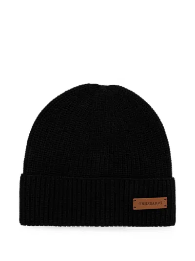 Trussardi Logo-patch Ribbed-knit Beanie Hat In Black