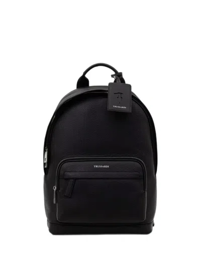 Trussardi Pebbled-texture Logo-plaque Backpack In Black