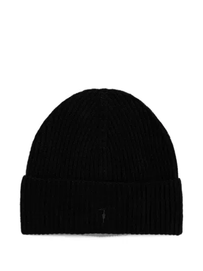 Trussardi Ribbed-knit Embroidered-logo Beanie Hat In Black