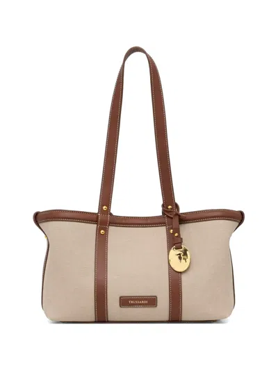 Trussardi Small Elba Contrast-trim Canvas Shoulder Bag In Brown