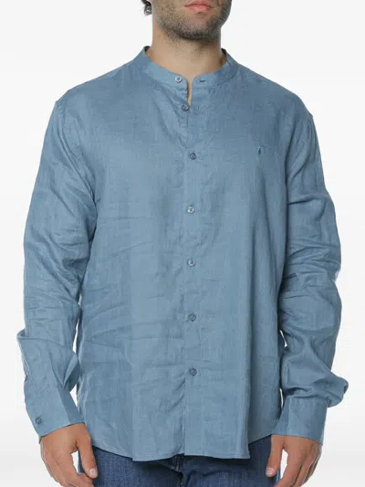 Trussardi Stand-up Collar Linen Shirt In Blue