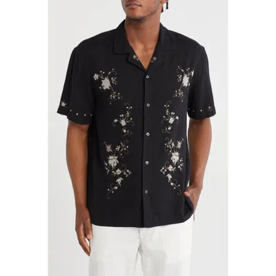 Truth Embroidered Flowers Button-up Camp Shirt In Black