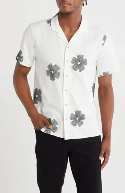 Truth Embroidered Flowers Stretch Cotton Button-up Camp Shirt In White