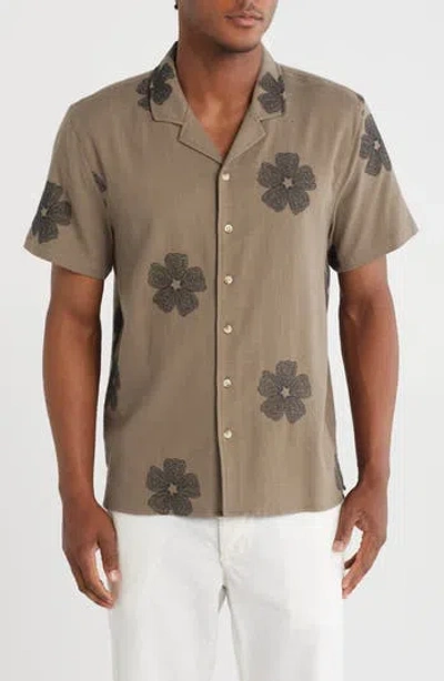Truth Embroidered Flowers Stretch Cotton Button-up Camp Shirt In Brown