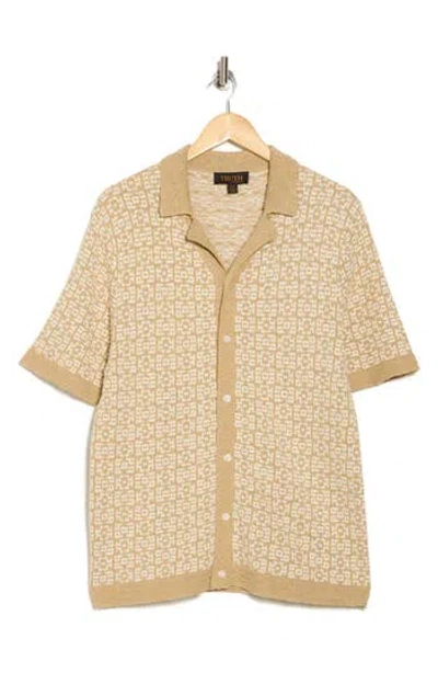 Truth Jacquard Short Sleeve Cardigan In Tan/ivory