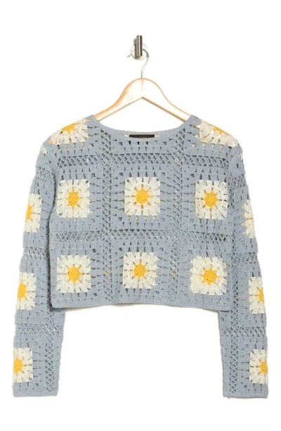 Truth Patchwork Crochet Long Sleeve Pullover In Blue/ Ivory/ Yellow Combo