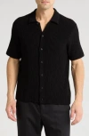 Truth Short Sleeve Plissé Ribbed Button-up Shirt In Black
