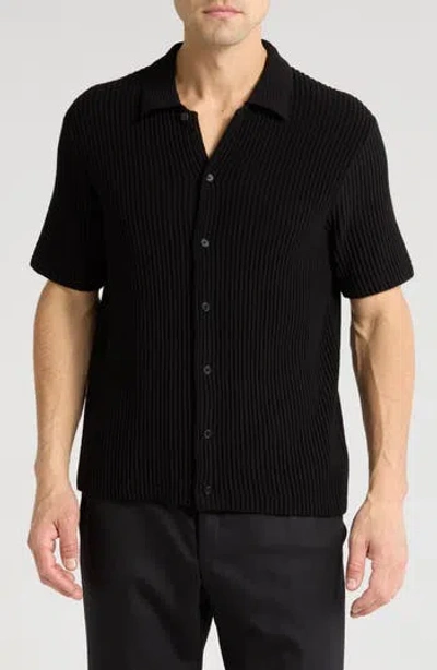 Truth Short Sleeve Plissé Ribbed Button-up Shirt In Black