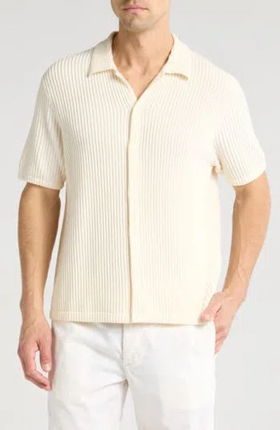 Truth Short Sleeve Plissé Ribbed Button-up Shirt In Ivory
