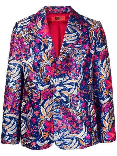 Tsau Sequin-floral-embroidery Jacket In Blue