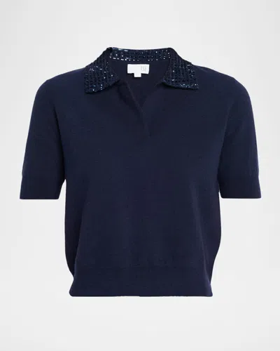 Tse Cashmere Sequin-collar Polo Top In Blue