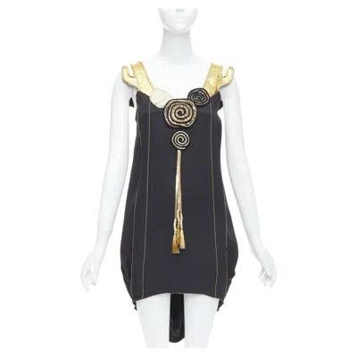 Pre-owned Tsumori Chisato Gold Leather Black 100% Silk Cactus Strap Dress Jp2 M