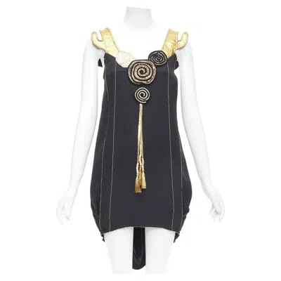 Pre-owned Tsumori Chisato Gold Leather Black 100% Silk Cactus Strap Dress Jp2 M