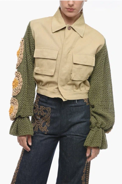 Tu Lizé Bomber Fit Denim Jacket With Crochet Sleeves In Beige