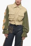 Tu Lizé Bomber Fit Denim Jacket With Crochet Sleeves In Beige