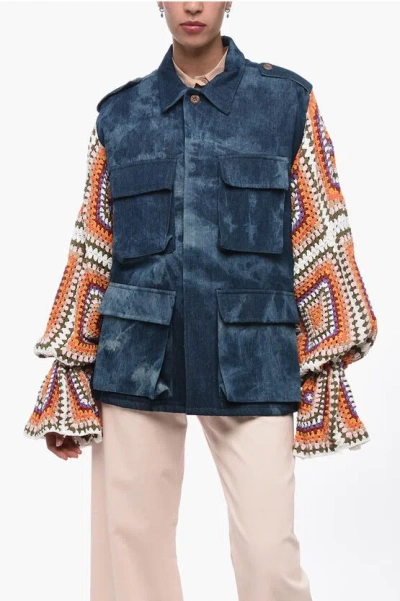 Tu Lizé Denim Saharan Jacket With Crochet Sleeves In Blue