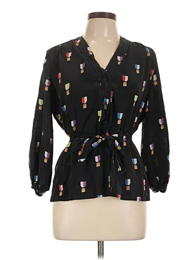 Pre-owned Tucker 3/4 Sleeve Silk Top Black Plunge Neckline Tops