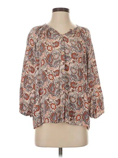 Pre-owned Tucker 3/4 Sleeve Silk Top Brown Keyhole Neckline Tops