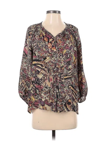 Pre-owned Tucker 3/4 Sleeve Silk Top Brown Plunge Neckline Tops