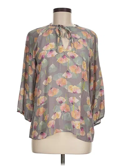 Pre-owned Tucker 3/4 Sleeve Silk Top Gray Floral Pattern Tie Neck Tops