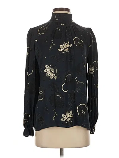 Pre-owned Tucker Long Sleeve Silk Top Black Mock Neckline Tops