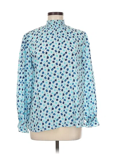 Pre-owned Tucker Long Sleeve Silk Top Blue Polka Dots Pattern Mock Neckline Tops