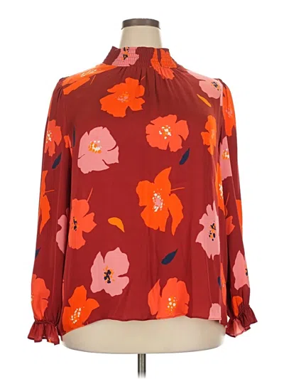 Pre-owned Tucker Long Sleeve Silk Top Burgundy Floral Pattern Mock Neckline Tops
