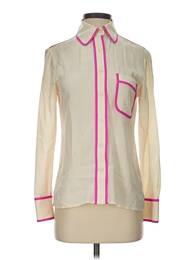 Pre-owned Tucker Long Sleeve Silk Top Ivory Color Block Pattern Mock Neckline Tops
