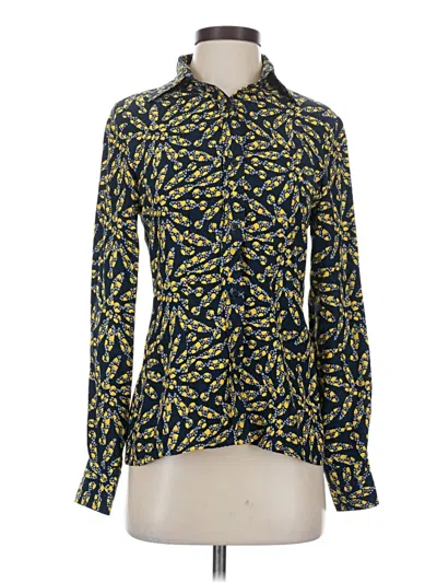 Pre-owned Tucker Long Sleeve Silk Top Yellow Print Pattern Mock Neckline Tops