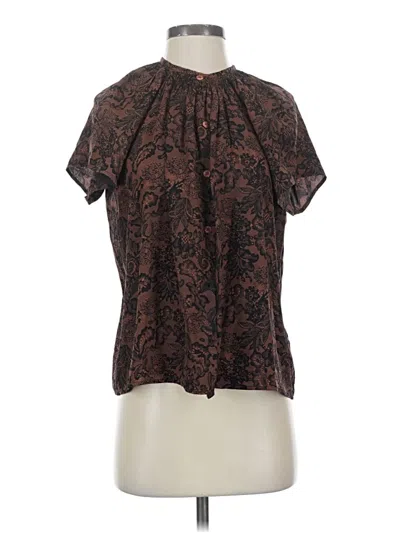Pre-owned Tucker Short Sleeve Silk Top Brown Keyhole Neckline Tops