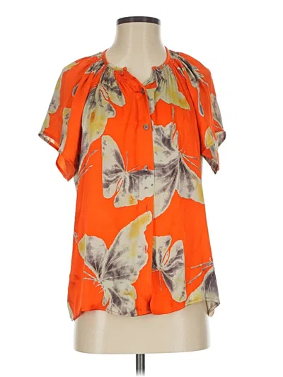 Pre-owned Tucker Short Sleeve Silk Top Orange Tropical Pattern Keyhole Neckline Tops