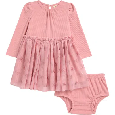 Tucker + Tate Babies'  Foil Long Sleeve Rib Tutu Party Dress With Bloomers In Pink Beauty Cheerful Bow