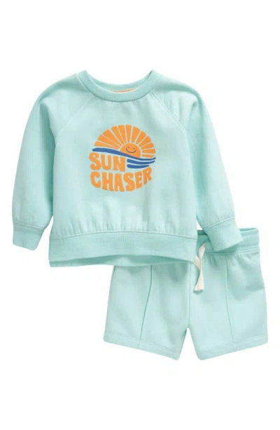 Tucker + Tate Babies'  Graphic Sweatshirt & Pintuck Shorts In Teal Eggshell Sun Chaser