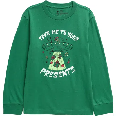 Tucker + Tate Kids' I Tried Long Sleeve Graphic T-shirt In Green Fir Alien Santa