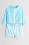 Tucker + Tate Babies'  Kids' Long Sleeve Rashguard & Swim Trunks Set In Teal Beach Hampton Stripe