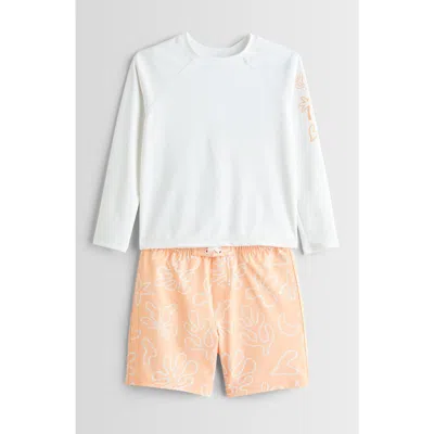 Tucker + Tate Kids' Long Sleeve Two-piece Rashguard Swimsuit In White- Orange Beach Doodles