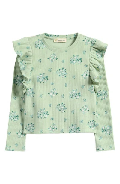 Tucker + Tate Kids' Print Ruffle Accent Long Sleeve Rib T-shirt In Green Cameo Naive Bouquets