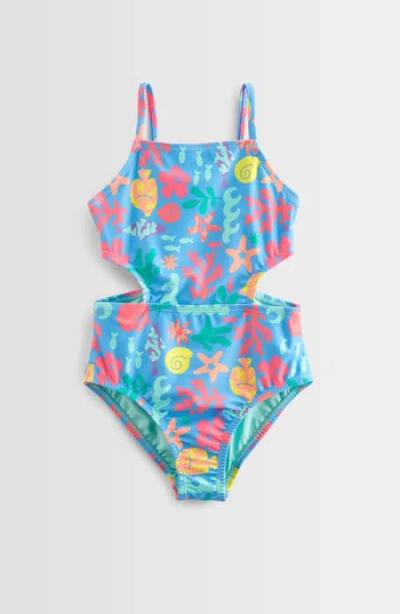 Tucker + Tate Kids' Side Cutout One-piece Swimsuit In Blue Aquarius Coastal Collage