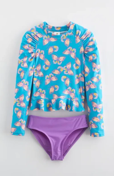 Tucker + Tate Kids' Two-piece Long Sleeve Rashguard Swimsuit In Turquoise Cool Butterfly Bliss