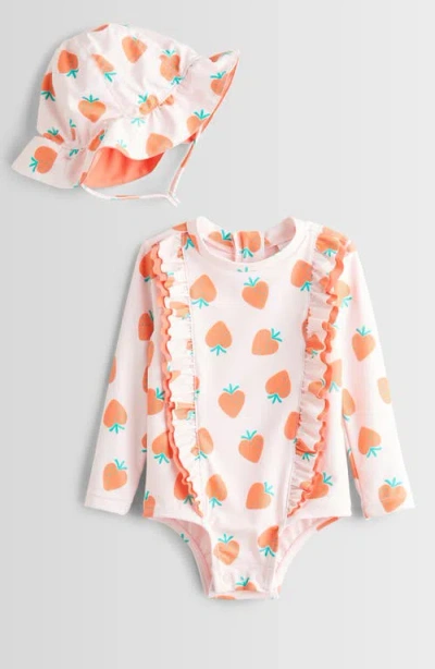 Tucker + Tate Babies'  Long Sleeve One-piece Rashguard Swimsuit & Sun Hat Set In Pink Balm Berry Toss