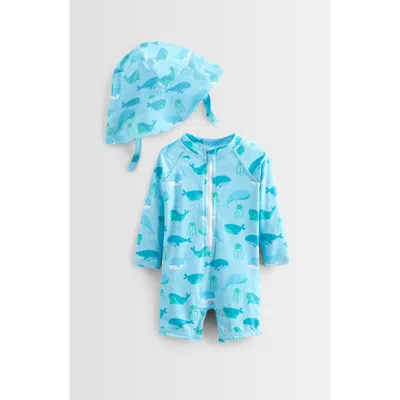 Tucker + Tate Babies'  One-piece Romper Swimsuit & Bucket Hat Set In Blue Fade Whale Friends