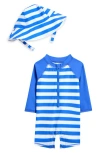 Tucker + Tate One-piece Romper Swimsuit & Bucket Hat Set In Blue Palace Pristine Stripe