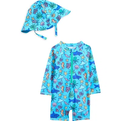 Tucker + Tate Babies'  One-piece Romper Swimsuit & Bucket Hat Set In Teal Beach Sea Life