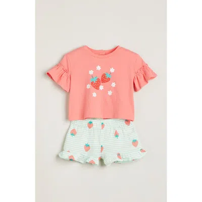 Tucker + Tate Babies'  Print Flutter Sleeve Cotton Graphic T-shirt & Shorts Set In Coral- Green Strawberry Stripe