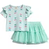 Tucker + Tate Ruffled Graphic T-shirt & Tiered Tutu Skirt Set In Green Cherry Stripe- Green