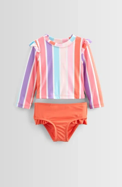 Tucker + Tate Babies'  Ruffle Trim Two-piece Rashguard Swimsuit In Coral Rose Beach Stripe